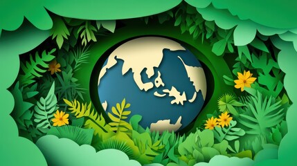 Naklejka premium Colorful paper-cut design of Earth surrounded by lush green foliage, symbolizing nature's beauty and biodiversity.