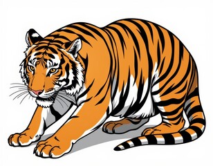 Naklejka premium Majestic orange and black striped tiger stands proud, its vibrant fur a striking contrast to a crisp white backdrop, accentuated by a dynamic black and white striped tail