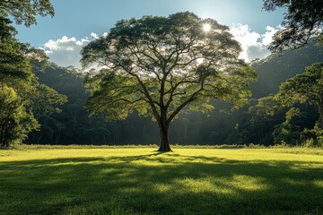 Large tree in open field with sunlight shining through leaves, peaceful nature scene with dense forest background, lush green grass, and tranquil atmosphere.