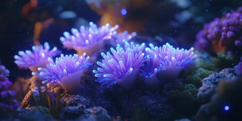 Naklejka premium Glowing Bioluminescent Coral Reef Scene