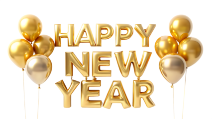 Happy New Year background with 2025 shiny golden numbers made of air balloons isolated on white background isolated on white background as transparent. PNG. AI GENERATED	