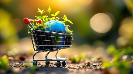 Miniature Shopping Cart Carrying a Globe with Sprouting Plants, Symbolic of Sustainable Consumption and Environmental Responsibility