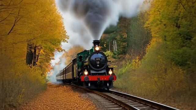 A steam train in autumn leaves.