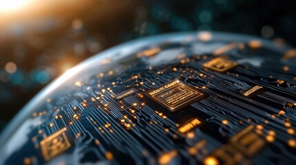 Closeup view of a futuristic circuit board with glowing microchip and various technology elements representing the concept of innovation digital connectivity and intelligence