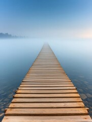A serene wooden pier extends into a foggy lake, creating a tranquil atmosphere.