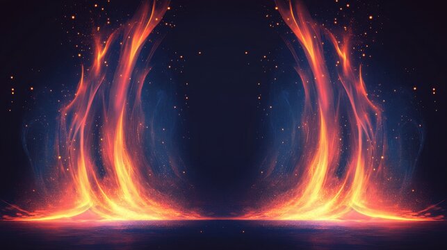 Vibrant orange and blue flames dance against a dark background, creating a striking visual effect.
