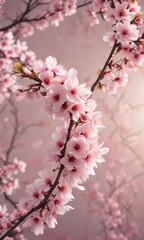Obraz premium delicate cherry blossom branches with soft pink hues and intricate leaf shapes, botanical garden, delicate pink flowers