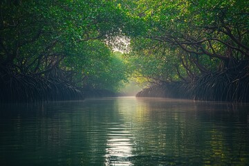 Fototapeta premium Serene mangrove landscape with tranquil waters and lush greenery.