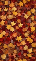 Dense carpet of fallen leaves in shades of golden yellow, burnt orange, and deep crimson, colorful leaves, nature's canvas, crunchy texture