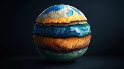 A beautifully textured, layered sphere showcasing vibrant colors and natural elements in a surreal design.