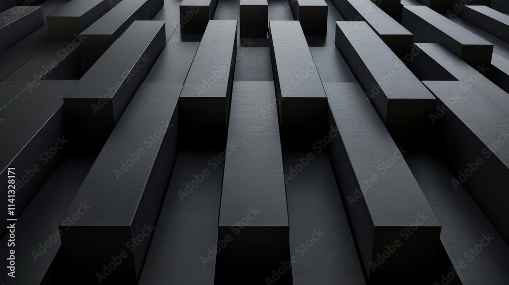 Poster a dynamic abstract composition of overlapping dark rectangular blocks creating a sense of depth and 