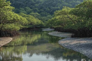 Serene mangrove landscape with a winding waterway surrounded by lush greenery.