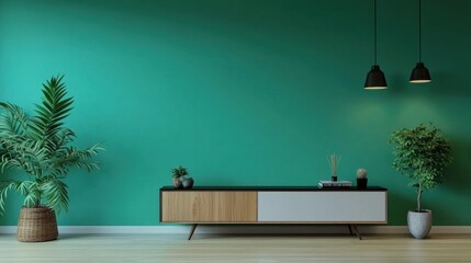 Elegant living room setup showcasing a cabinet for the TV complemented by a rich green hue.