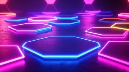 A vibrant display of glowing hexagonal neon lights in shades of blue, pink, and purple, creating a dynamic atmosphere.