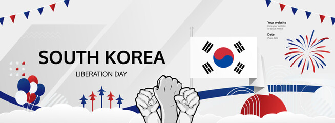South Korea National Day greeting banner concept. August 15th is celebrated as South Korea Liberation Day or Gwangbokjeol. Modern template with flags and raised fist, good for national holiday poster.