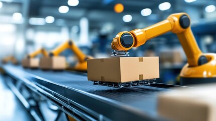Fototapeta premium Robotic arm moving and handling cardboard boxes in an automated efficient and technologically advanced industrial warehouse or factory setting Representing the future of smart digitized
