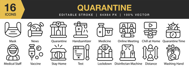 Quarantine icon set. Editable Stroke Icon Collection. Includes safety, health, attention, insurance, mask, crisis, and More. Outline icons vector collection.