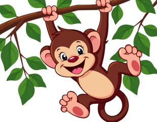 A playful cartoon monkey hangs from a sturdy, brown tree branch, its bright smile directed to the left as it surveys its lush green surroundings amidst a crisp white backdrop