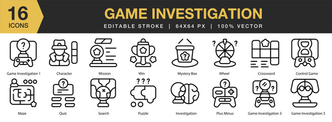 Game Investigation icon set. Editable Stroke Icon Collection. Includes adventure, exploration, quest, leisure, clue, and More. Outline icons vector collection.