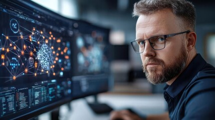 Closeup of a technologically inclined businessman closely examining a complex data visualization displayed on a computer screen in a modern office setting showcasing his focus on analytics strategy