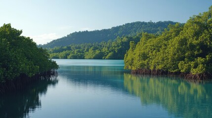 Fototapeta premium Serene river scene surrounded by lush mangroves and hills under clear blue skies.