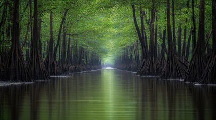 Obraz premium Lush mangrove forest with calm water reflecting green foliage.