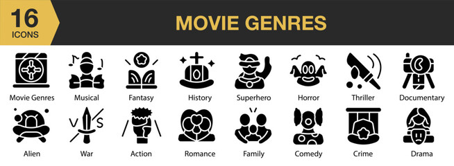 Movie Genres solid icon set. Includes entertainment, movie, cinema, film, comedy, and More. Solid icons vector collection.