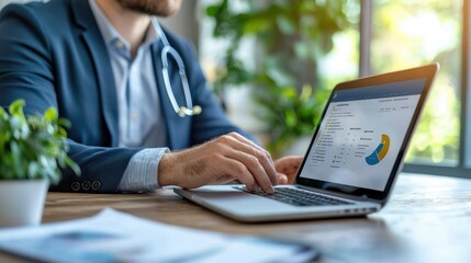 A professional doctor or medical expert is intently focused on analyzing data reports and statistics on a laptop computer in an office setting  They are likely researching planning
