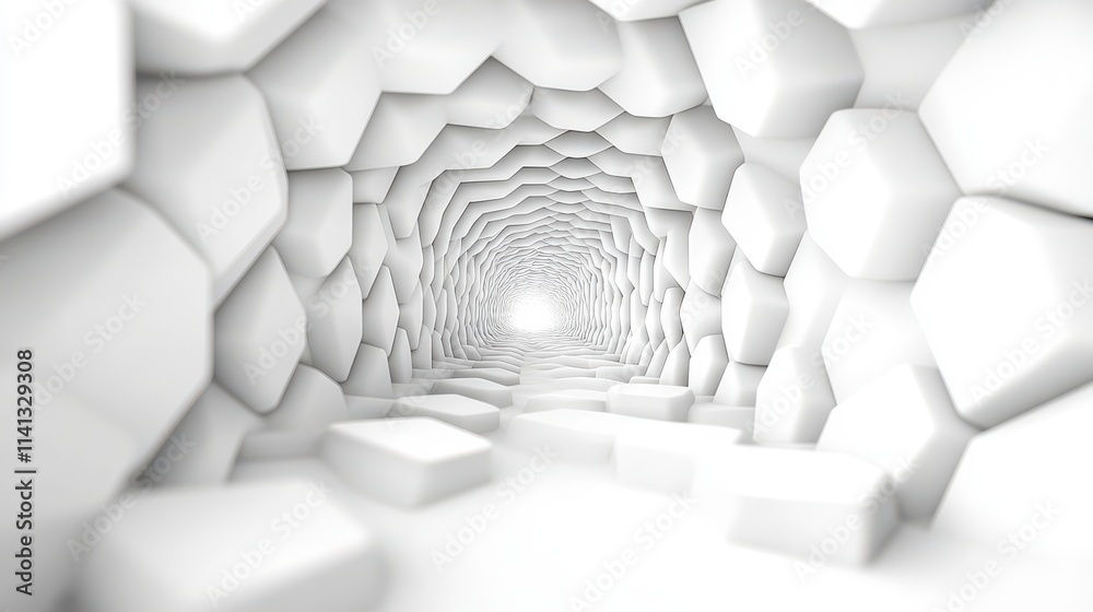 Poster abstract white tunnel with a hexagonal pattern leading to a bright light, creating a sense of depth 