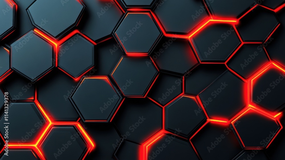 Poster a striking abstract background featuring interlocking hexagons with glowing red edges, creating a mo