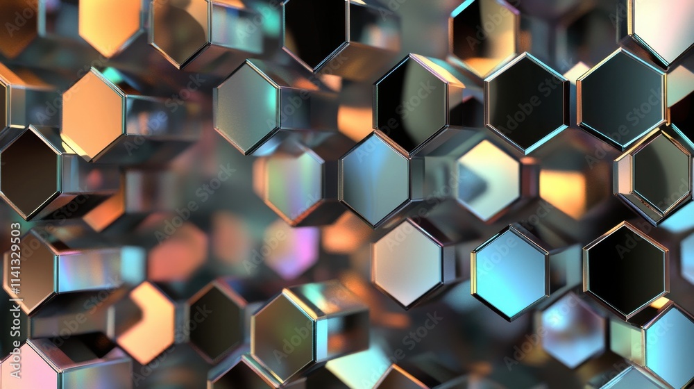 Poster abstract close-up of shiny hexagonal shapes with colorful reflections, creating a mesmerizing visual