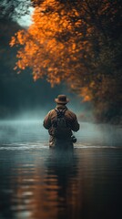 Angler wading in foggy river, fall foliage above.