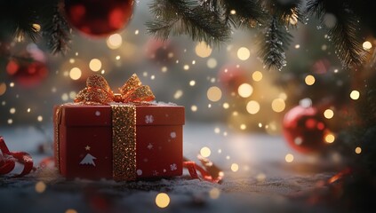 Discover Festive Cheer: Red Gift Box Under Sparkling Christmas Tree with Golden Bow, Snow, and Lights