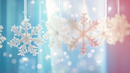 Delicate white snowflakes hang against a dreamy pastel backdrop, creating a festive winter vibe.