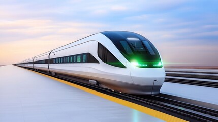 Naklejka premium Modern high-speed train at a platform during sunset.