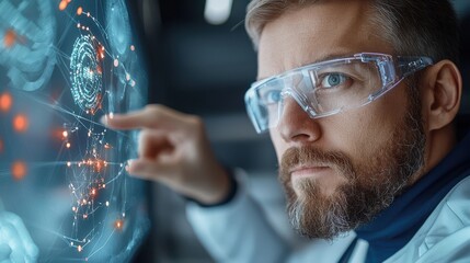 Futuristic hologram interface displaying complex data and analytics for advanced scientific research technology development and business strategy planning