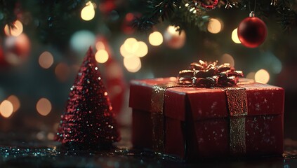 Red Gift Box with Golden Ribbon under Christmas Tree Lights