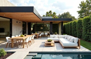 Fototapeta premium Chic minimalist patio with modern furniture and clean lines