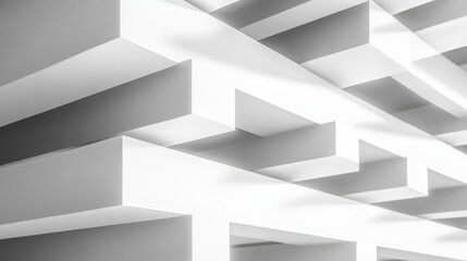 Abstract geometric shapes in white create a modern, minimalist aesthetic with layered patterns and shadows.