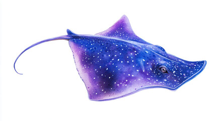 A deep indigo and lavender stingray with abstract splashes of violet and light periwinkle, delicate speckles of soft white and silver highlights, flowing watercolor effect, smooth edges that pop again