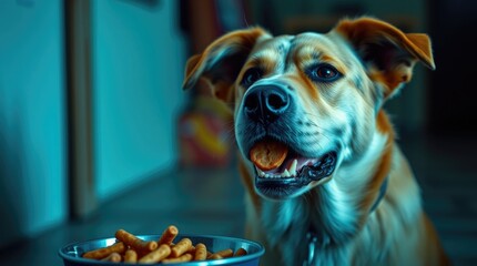 dog sit attentively by a bowl of treats, their eyes full of hope and anticipation for tasty morsels from the dinner table in a warm kitchen atmosphere