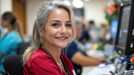Confident and Experienced Mature Businesswoman Sitting at Desk and Smiling in a Corporate Office Environment Showcasing Leadership and Success in Her Career