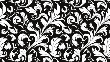 Vector seamless pattern featuring leaves and curls, creating a stylish monochrome abstract floral background, ideal for modern design and elegant textures.