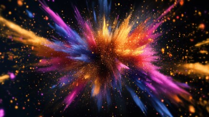 A vibrant explosion of colors with orange, blue, pink, and purple hues radiating against a dark background.