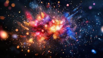 A vibrant cosmic explosion of colors, featuring reds, blues, and golds against a dark background, evoking a sense of wonder.