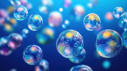 Naklejka premium Colorful soap bubbles floating gracefully in a serene blue background.