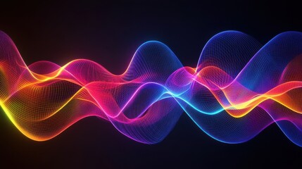 Colorful wave patterns create a vibrant visual in shades of blue, pink, and orange against a dark background.