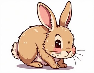 Obraz premium A charming light brown rabbit sits with forward-facing body and a sly grin, its perked ears turned right as it gazes into the distance on a crisp white background