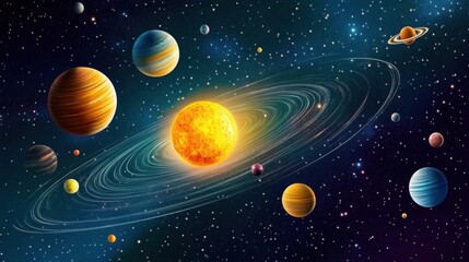 Fototapeta premium Stunning illustration of a colorful solar system featuring nine planets.