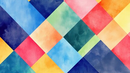 A vibrant, multicolored diamond pattern featuring shades of blue, green, pink, orange, and yellow.